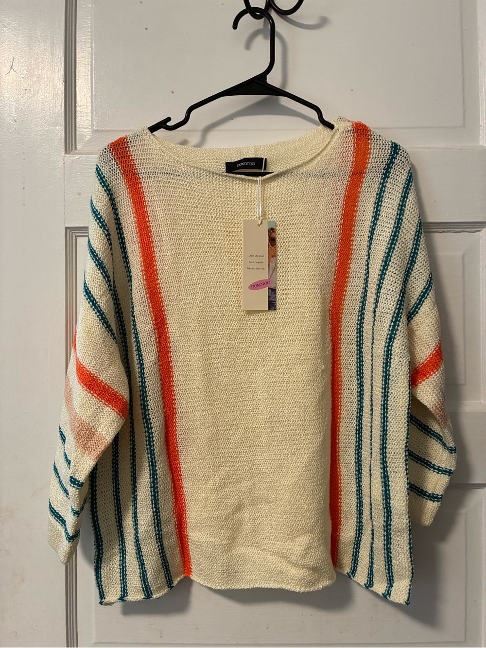 Light Cream Knit Sweater with Orange & Teal Stripe Details